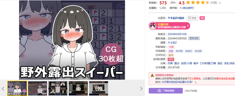 解密SLG/奇幻互动露出/2C 野外露出扫雷（野外露出スイーパー）V240509 机翻汉化 PC端 AI汉化版 预览图